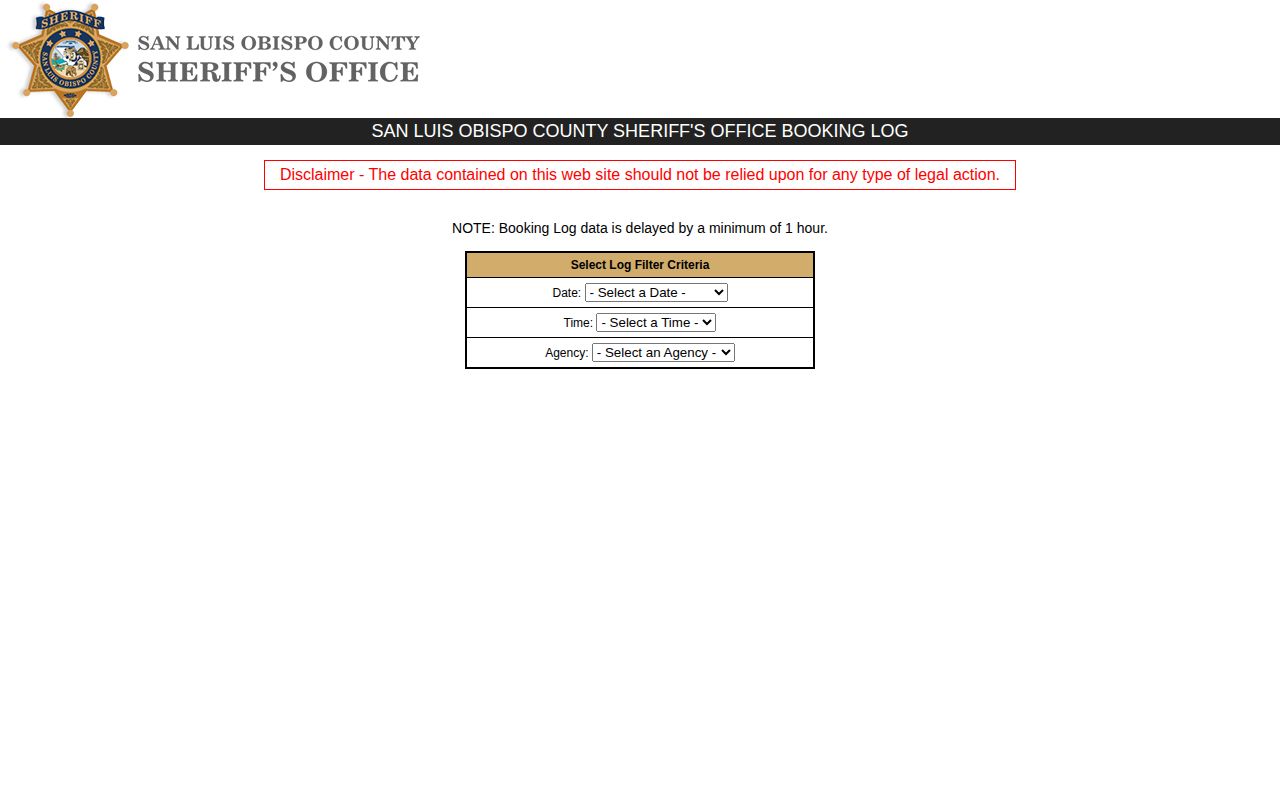 San Luis Obispo County recent arrests Booking Log search