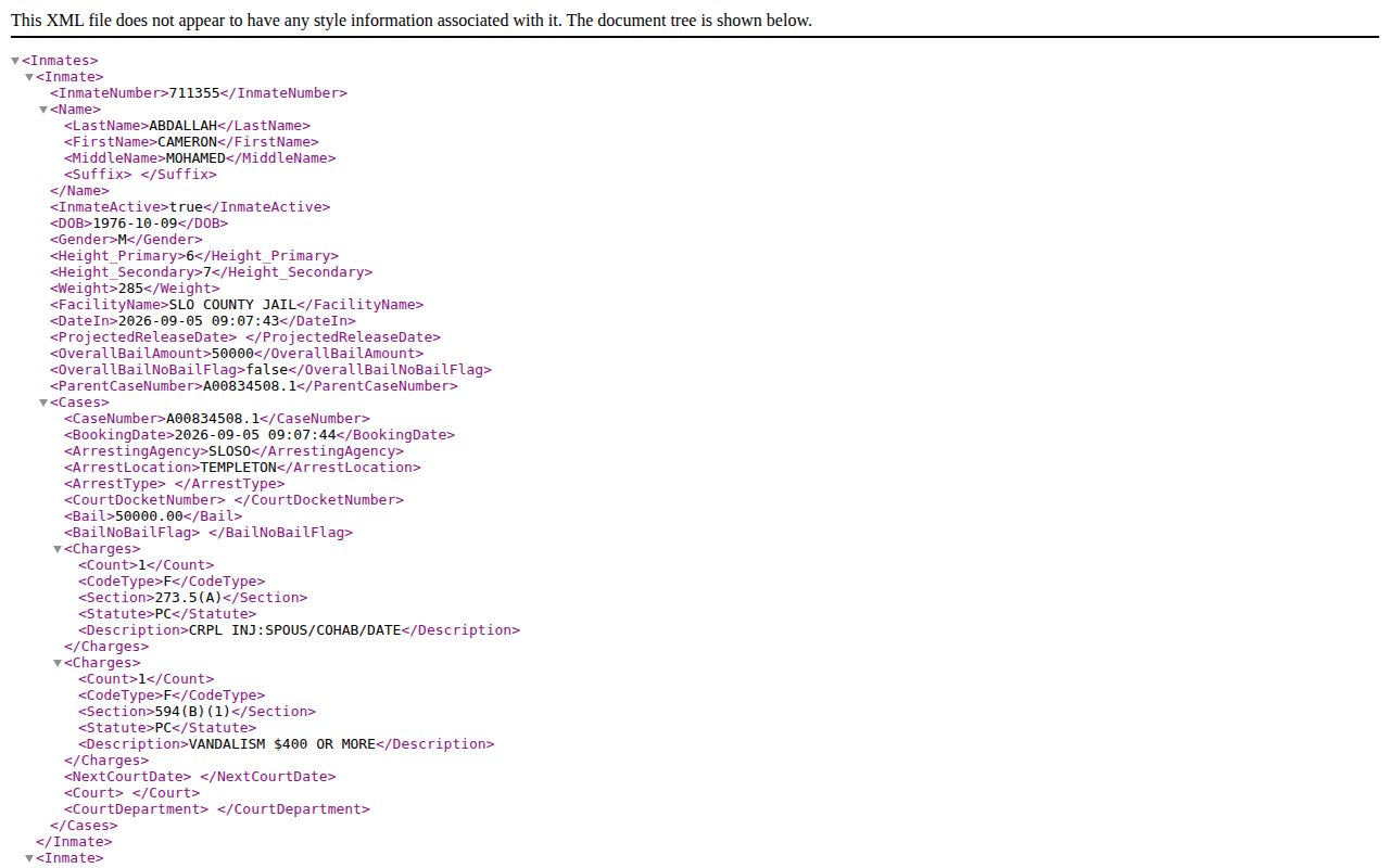 San Luis Obispo County Sheriff multi-day WebBookingLog XML feed