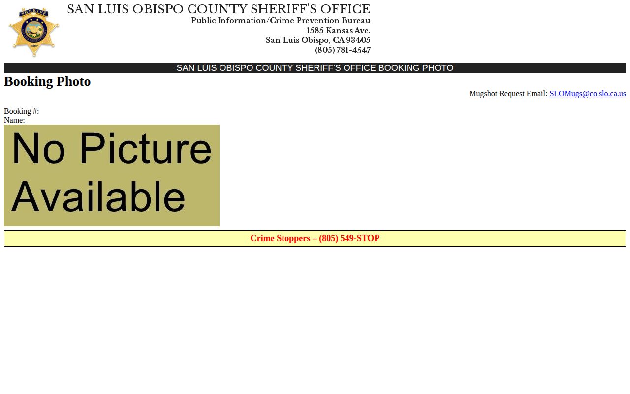 San Luis Obispo County arrest booking photo request page