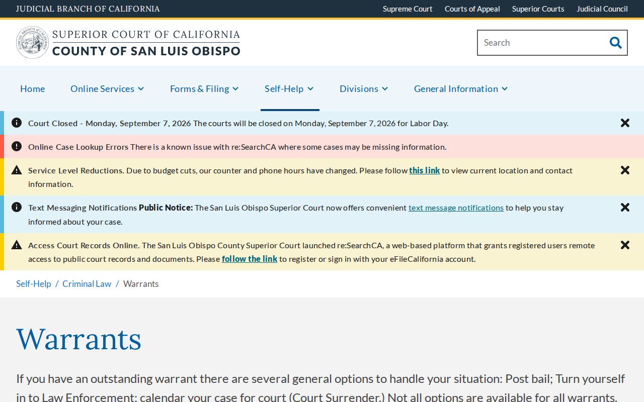 San Luis Obispo County arrest warrant court instructions