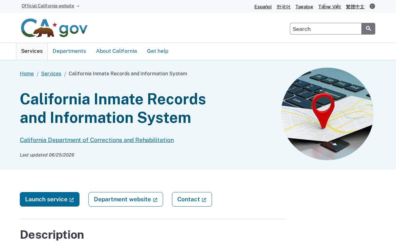 California state service page for CDCR inmate search