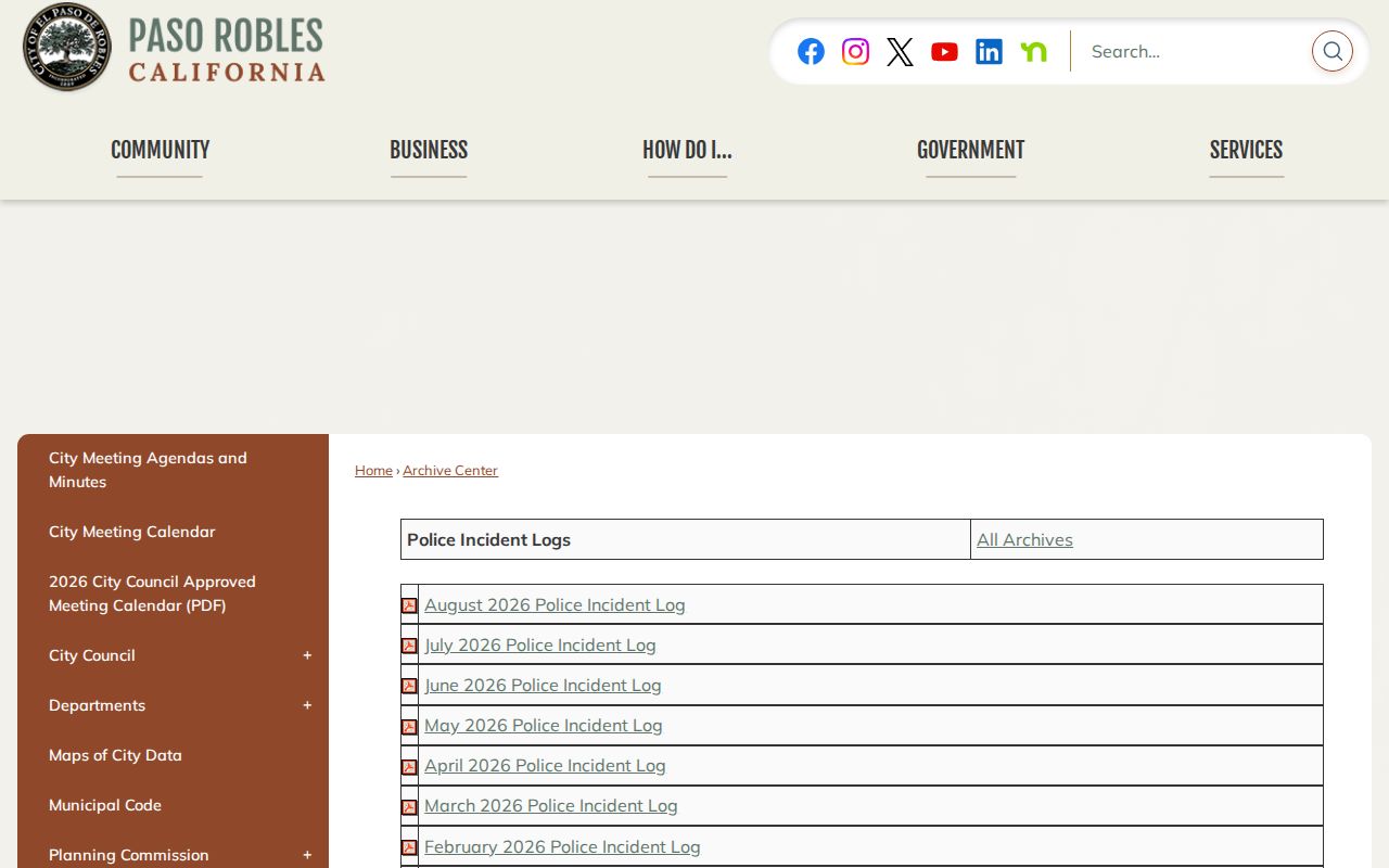 Paso Robles Police Department Police Incident Log archive page