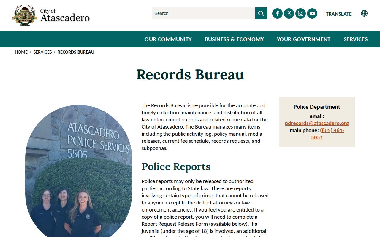 Atascadero Police Department Records Bureau public service page